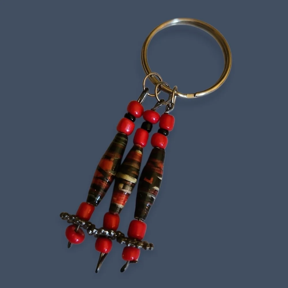 3/$30 Red African Paper Beaded Keychain
